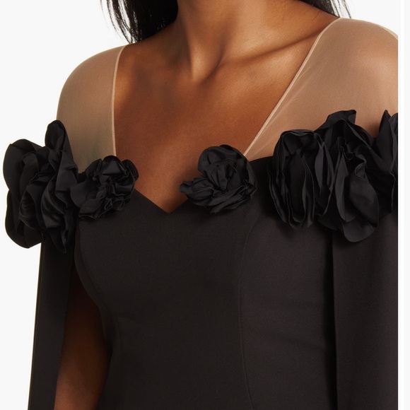 Marchesa Notte Flower Detail Illusion Shoulder Cape Gown